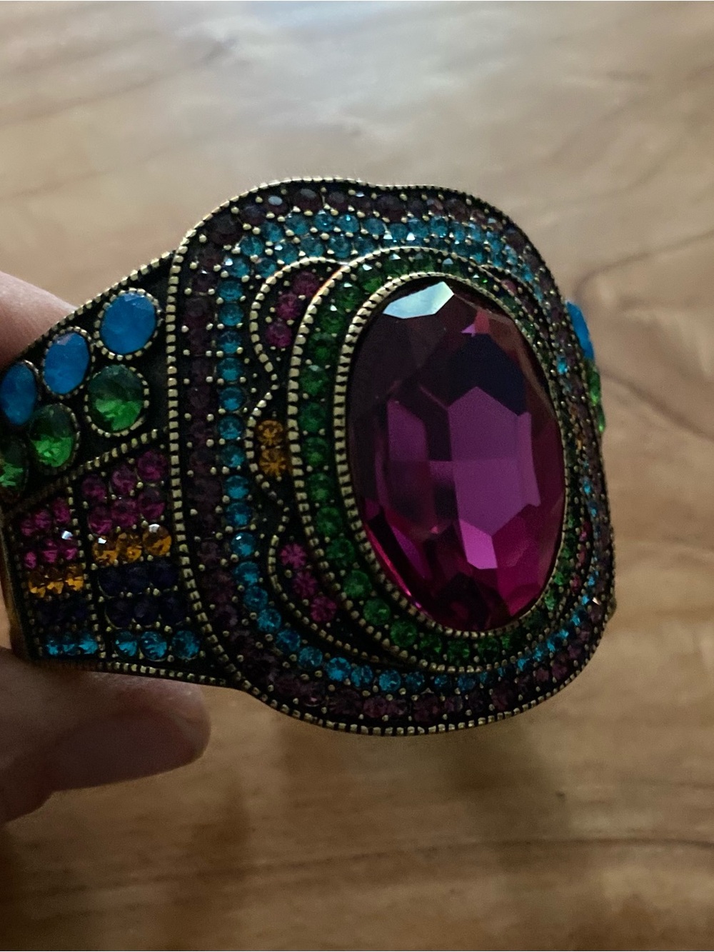 Multicolor Crystal Statement Cuff Bracelet - Pink Center